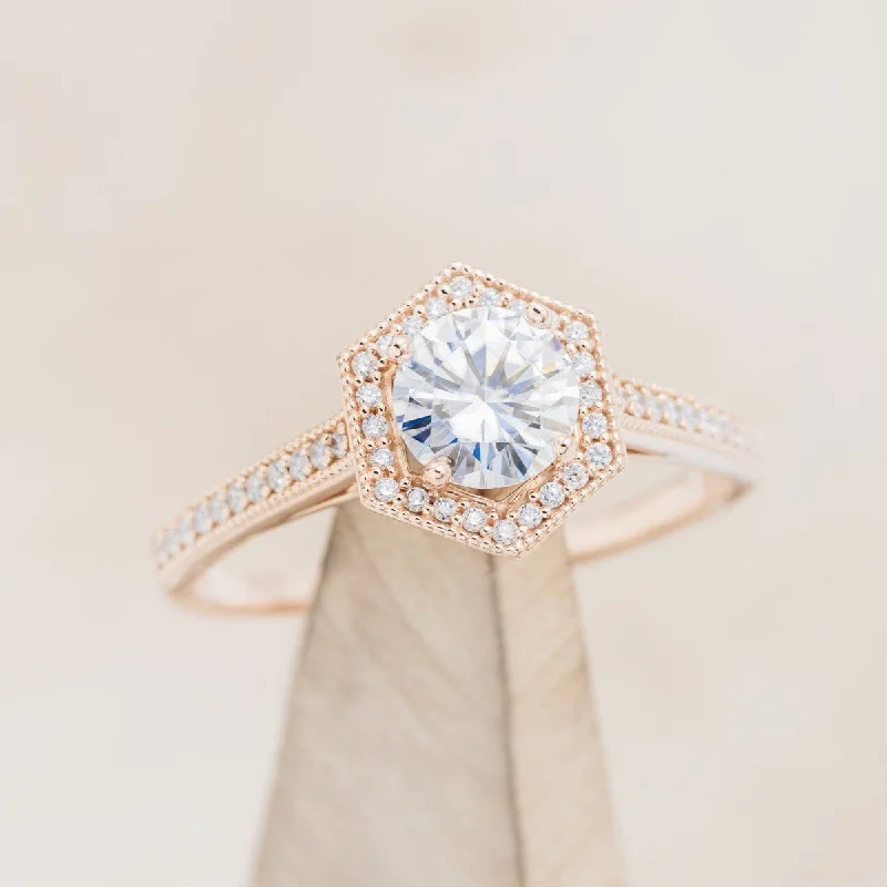 "ODESSA" - ROUND CUT MOISSANITE ENGAGEMENT RING WITH DIAMOND HALO & ACCENTS