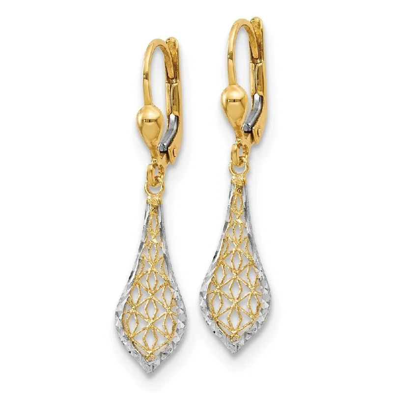 Diamond2Deal 10k Yellow Gold with Rhodium Fancy Leverback Dangle Earrings (L-36mm, W-6mm)