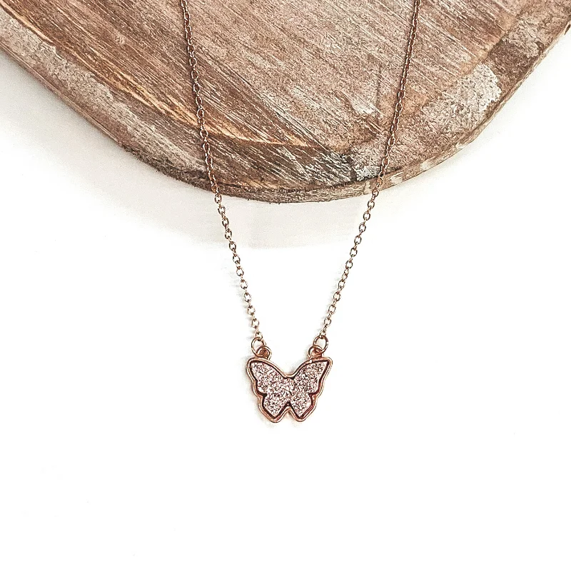 Druzy Butterfly Gold Necklace in Rose Gold