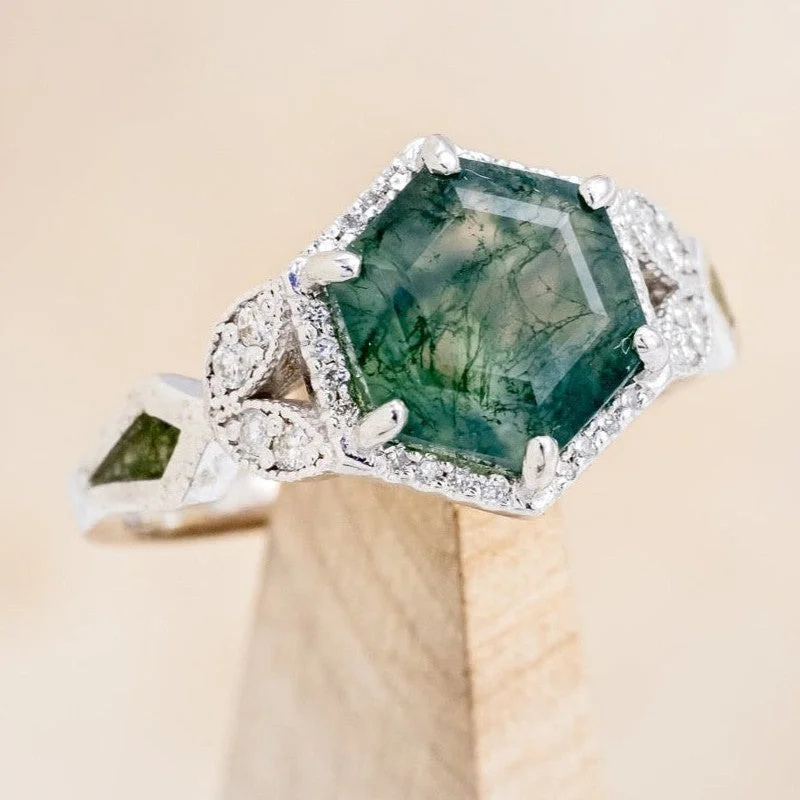 "LUCY IN THE SKY" - HEXAGON CUT MOSS AGATE ENGAGEMENT RING WITH DIAMOND HALO & MOSS INLAYS