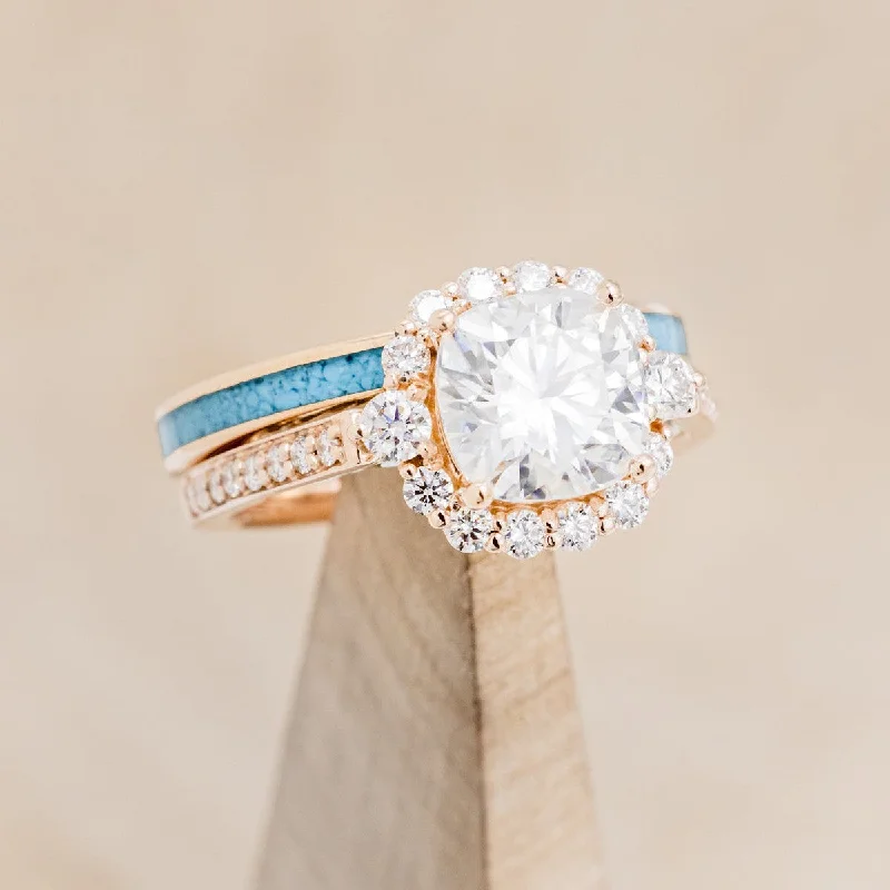 "OPHELIA" - CUSHION CUT MOISSANITE ENGAGEMENT RING WITH TURQUOISE STACKING BAND