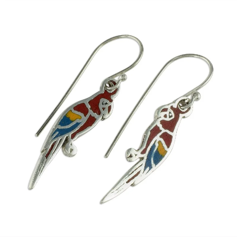 NOVICA Scarlet Macaws, Enameled sterling silver earrings - 1.7*0.3