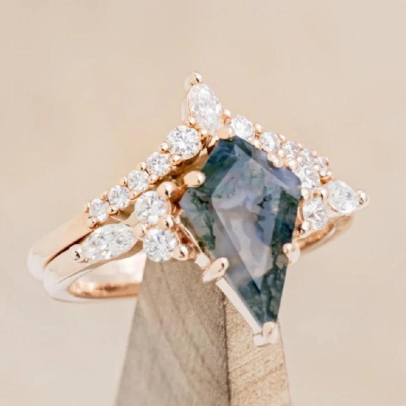 "SAGE" - KITE CUT MOSS AGATE ENGAGEMENT RING WITH DIAMOND ACCENTS & DIAMOND TRACER