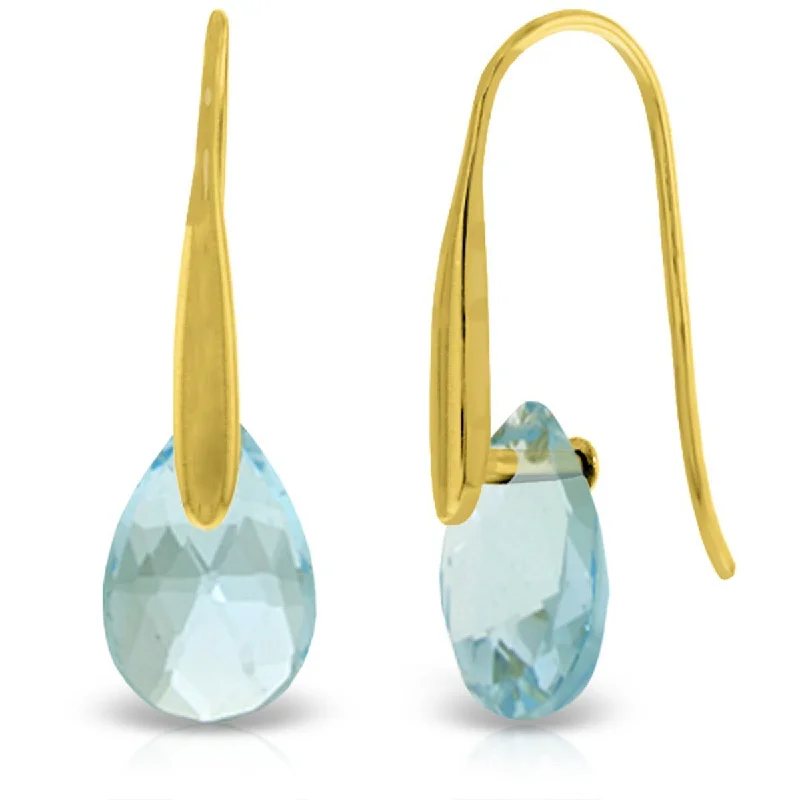 14K Solid Gold Fish Hook Earrings w/ Dangling Briolette Blue Topaz