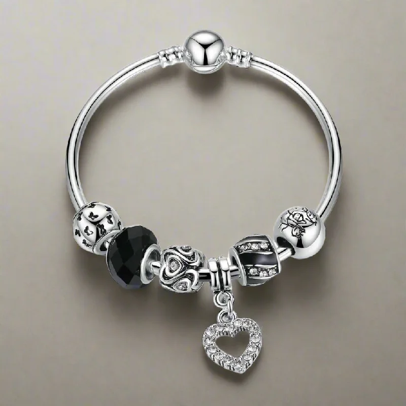 Love & Family Black Glass Silver Bangle Bracelet for Woman