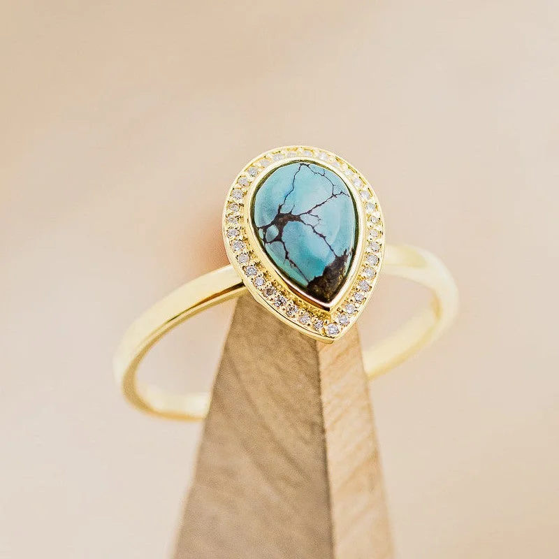 "TERRA" - PEAR CABOCHON CUT TURQUOISE ENGAGEMENT RING WITH DIAMOND HALO