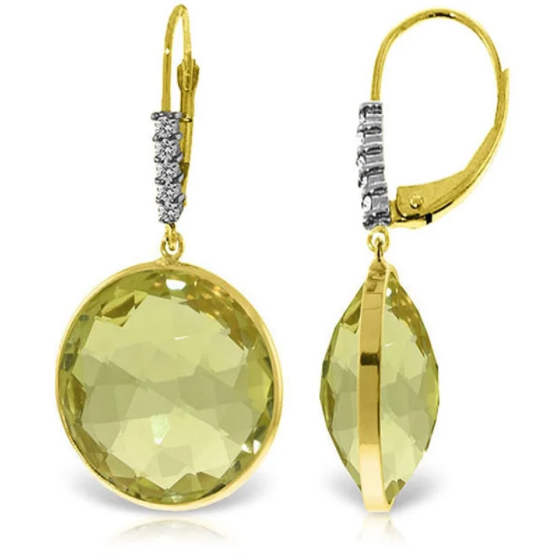 14K Solid Gold Diamonds Earrings w/ Checkerboard Cut Lemon Quartz