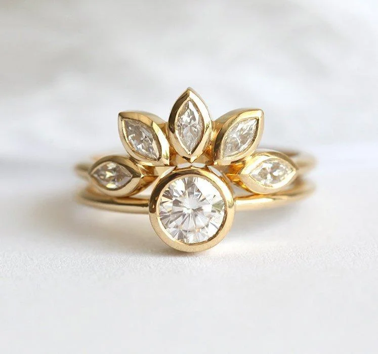 Floral Diamond Engagement Ring Set With Petal Crown Band