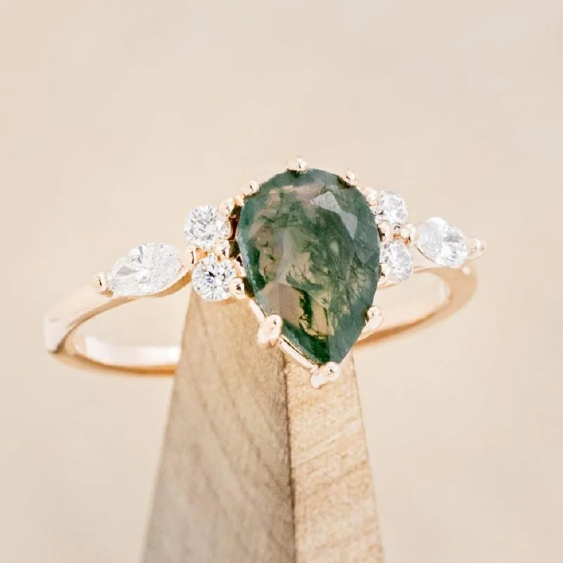 "SAGE" - PEAR CUT MOSS AGATE ENGAGEMENT RING WITH DIAMOND ACCENTS