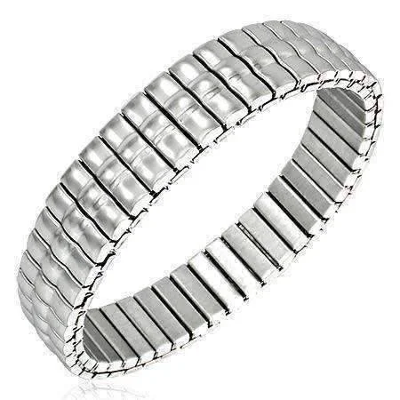 Thin Triple Line Domed Bar Link Stainless Steel Stretch Bracelet