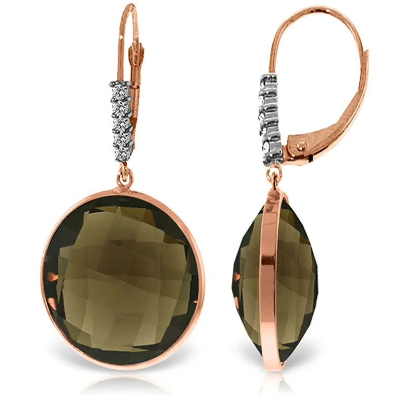 14K Solid Gold Diamonds Earrings w/ Checkerboard Cut Smoky Quartz