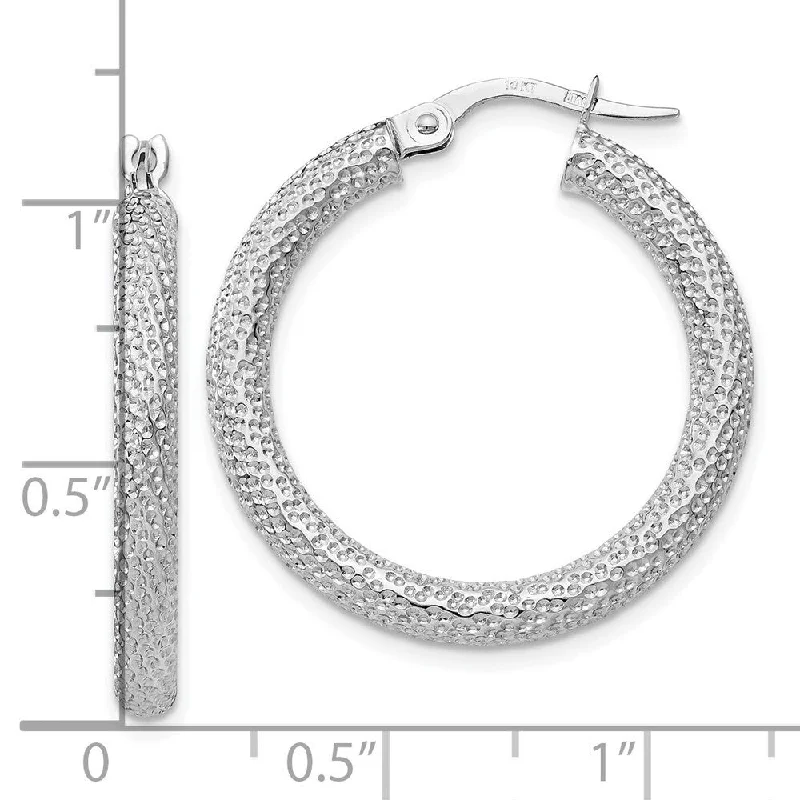 Diamond2Deal 10K White Gold Polished and Textured Hinged Hoop Earrings (L-27mm, W-7.75mm)