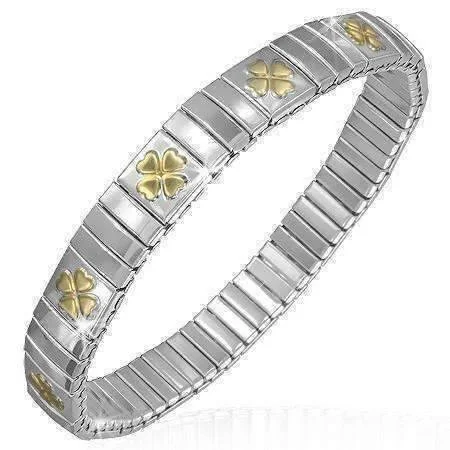 Shamrock Embossed 18K Gold Plated or Stainless Steel Stretch Link Bracelet