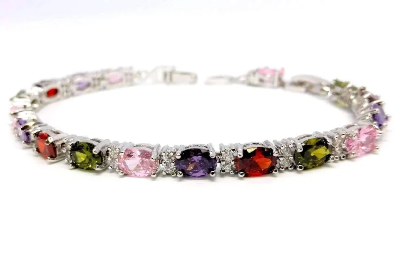 Multicolor Oval Austrian Crystal 18K White Gold Plated Tennis Bracelet for Women in White Gold with Extender