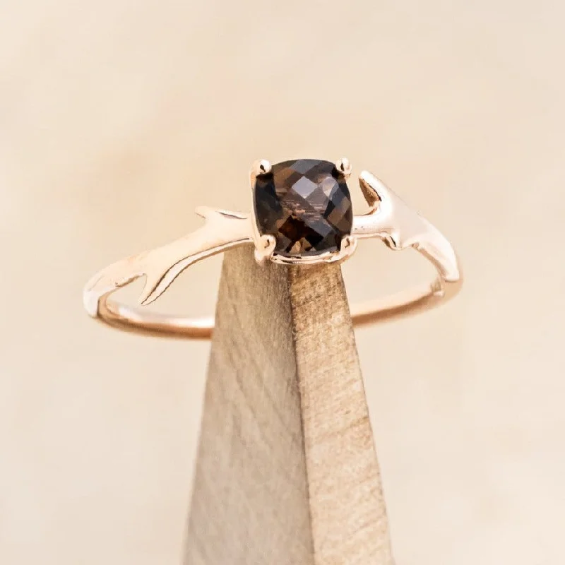 "ARTEMIS" - CUSHION CUT SMOKY QUARTZ ENGAGEMENT RING WITH AN ANTLER-STYLE BAND