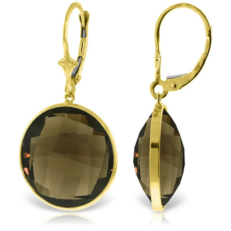 14K Solid Gold Leverback Gemstone Earrings Round Smoky Quartz