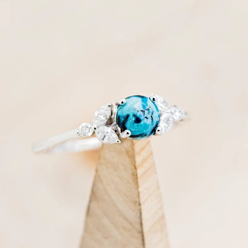 "BLOSSOM" - ROUND CUT TURQUOISE ENGAGEMENT RING WITH LEAFCUT DIAMOND ACCENTS