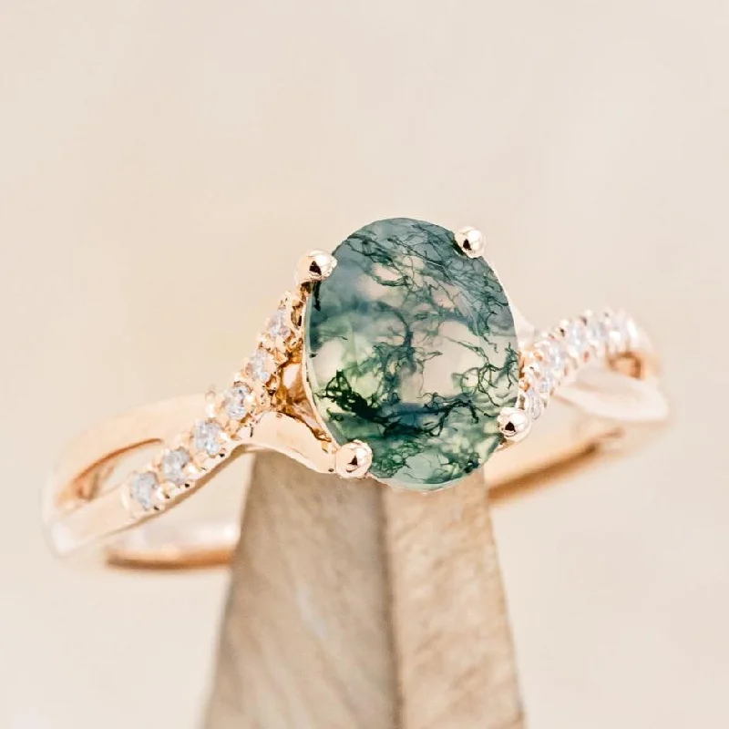 "ROSLYN" - OVAL CUT MOSS AGATE ENGAGEMENT RING WITH DIAMOND ACCENTS