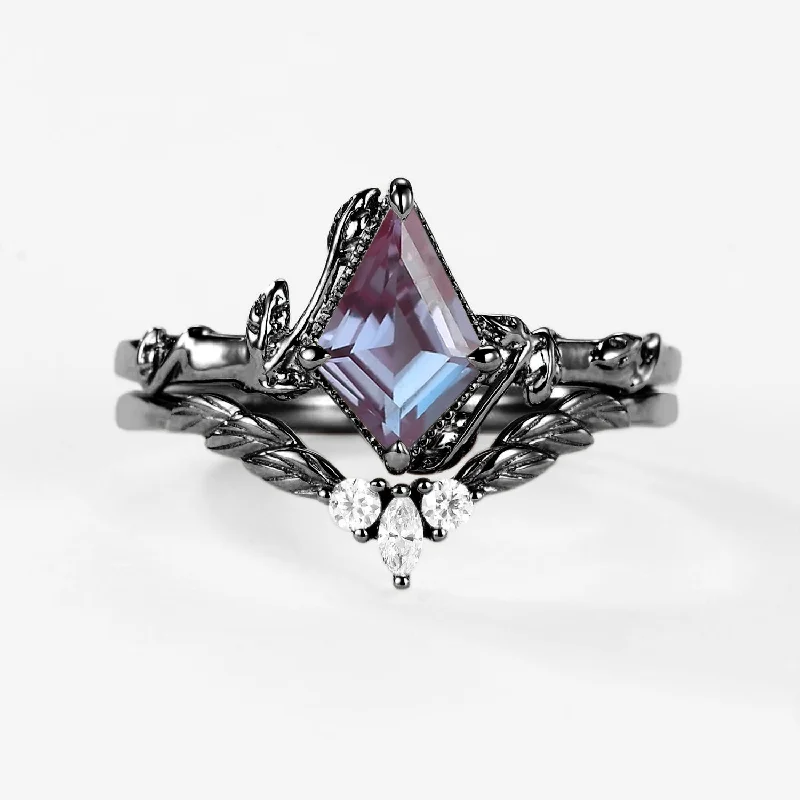 Black Gold Lab Alexandrite Leafy Inspired Engagement Ring Sets 2pcs