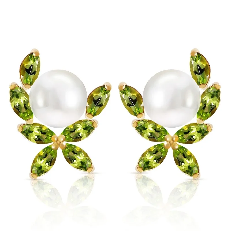 3.25 CTW 14K Solid Gold Stud Earrings Natural Peridot pearl