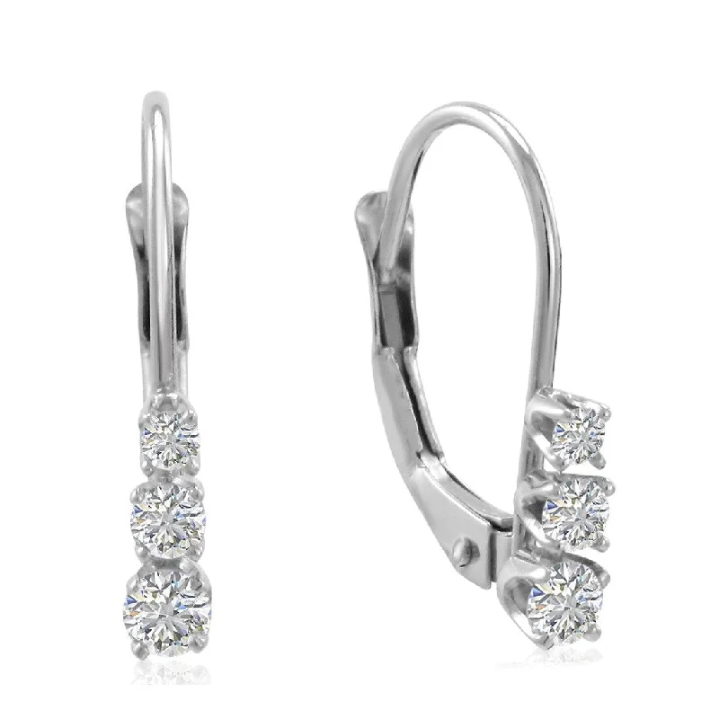 IGI Certified 1/4c TW Three Stone Diamond Lever Back Earrings in 10K Gold