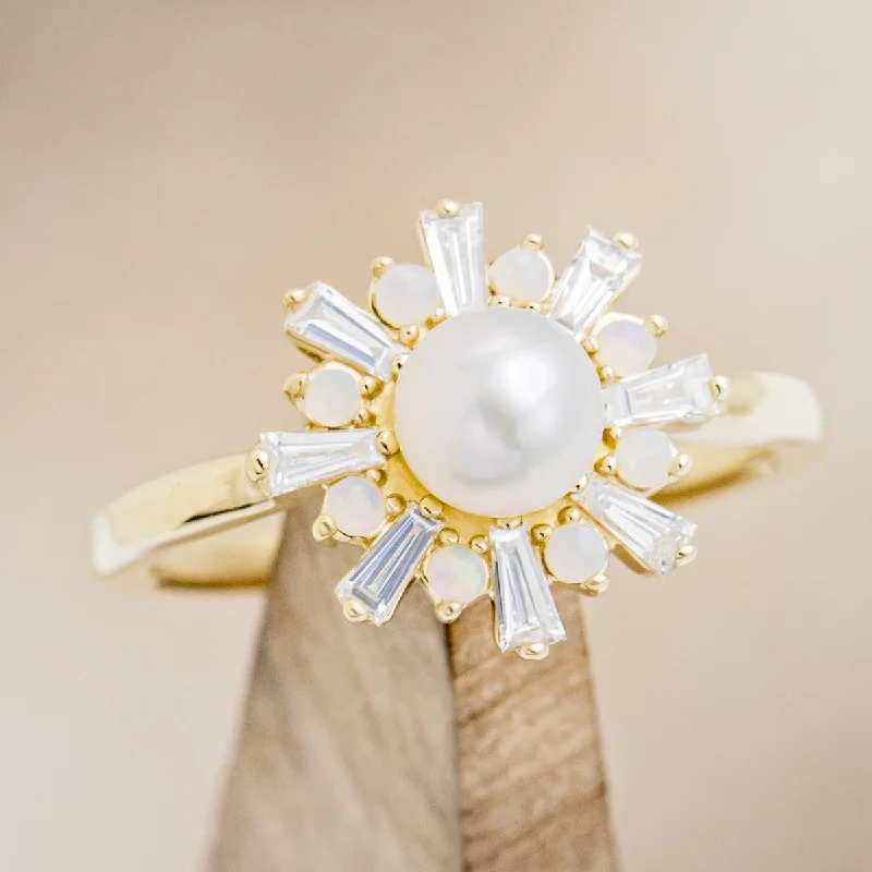 "DOROTHEA" - WHITE AKOYA PEARL ENGAGEMENT RING WITH DIAMOND & OPAL ACCENTS