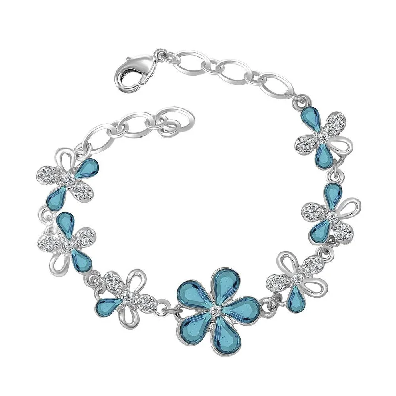 Mahi Floral Rhodium Plated Exquisite Floral Link Bracelet - BR2100298RBlu