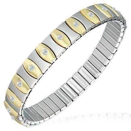 Glamorous Two-Tone Stainless Steel & 18K Gold Stretch Link Bracelet with CZ Accents