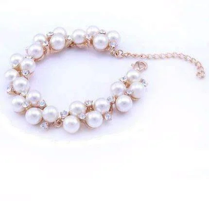 Vintage Inspired Simulated Pearl and Crystal Cluster Bracelet