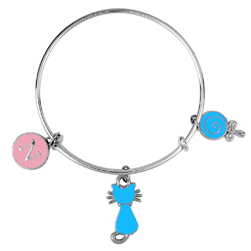 Mahi N Letter & Cat Shaped Rhodium Plated Enamel Work Charms Kids Bracelets for Kids (BRK1100990R)