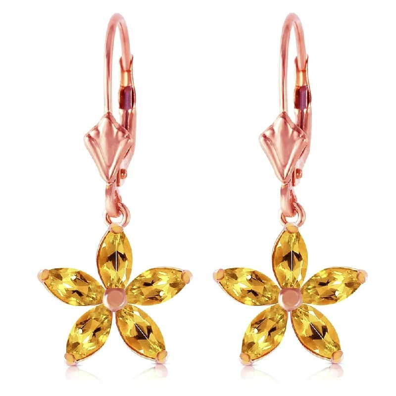 14K Solid Rose Gold Leverback Earrings with Natural Citrine