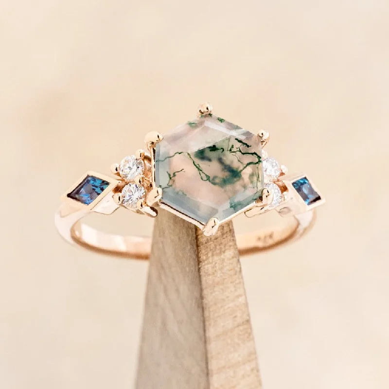 "EVERETT" - HEXAGON MOSS AGATE ENGAGEMENT RING WITH SIDE DIAMOND & LAB GROWN ALEXANDRITE ACCENTS