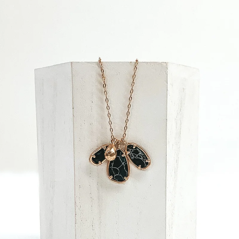 Gold Necklace with Teardrop Stone Pendants in Black