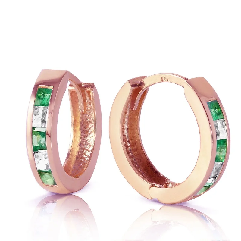 1.26 Carat 14K Solid Gold Hoop Earrings Natural Emerald Rose Topaz