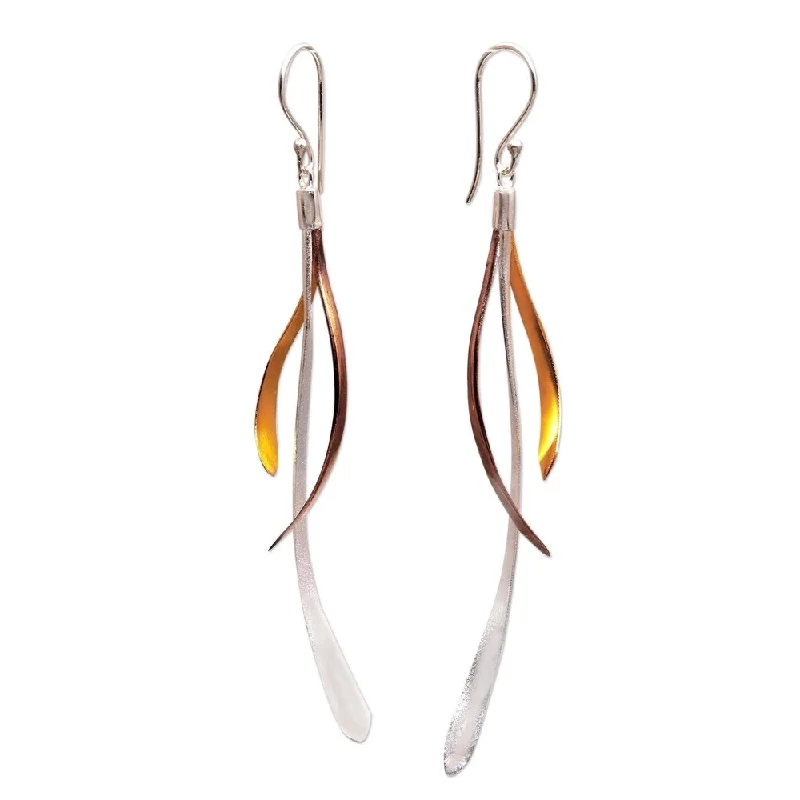 Handmade Jimbaran Tendrils Gold and Rose Gold Accented Sterling Silver Dangle Earrings (Indonesia) - 3.8*0.6