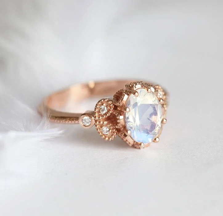 Moonstone Engagement Ring, Rainbow Moonstone Ring