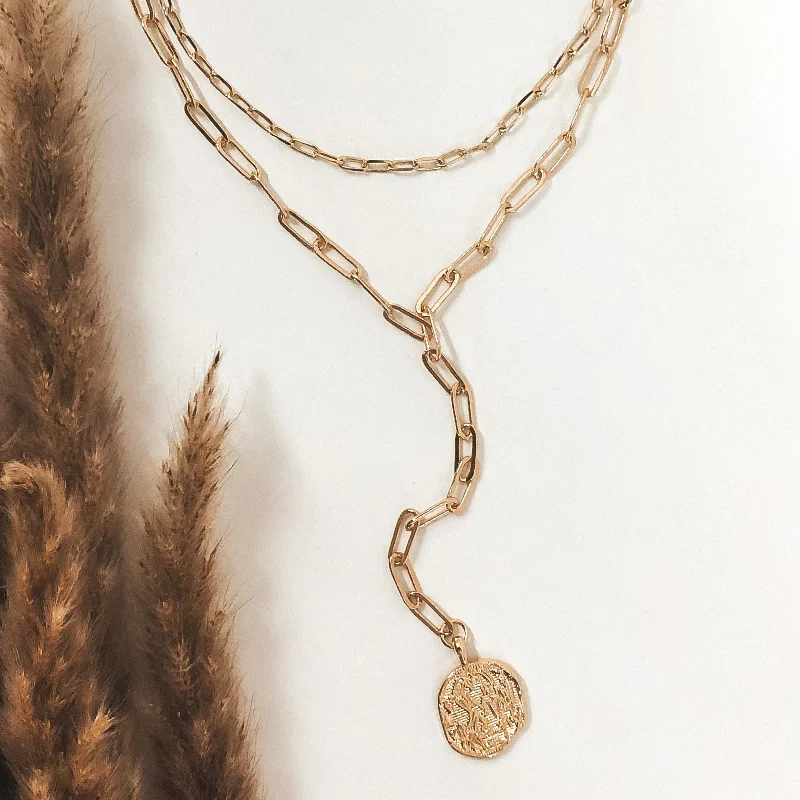 Two Strand Multi Chain Lariat Style Necklace with Coin in Gold