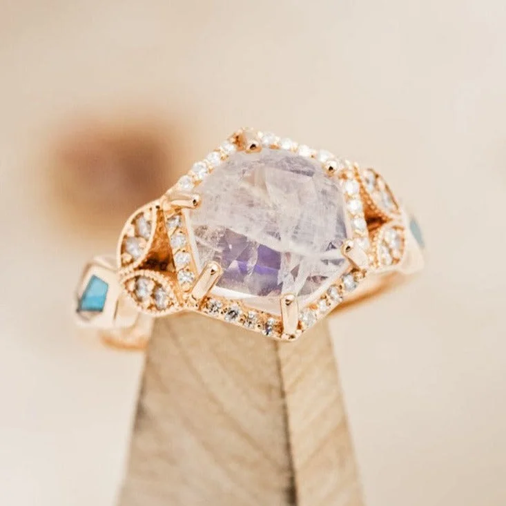 "LUCY IN THE SKY" - FACETED HEXAGON CUT MOONSTONE ENGAGEMENT RING WITH DIAMOND HALO & TURQUOISE INLAYS