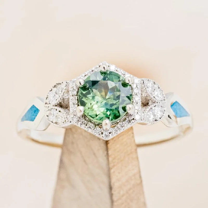 "LUCY IN THE SKY" PETITE - ROUND CUT MONTANA SAPPHIRE ENGAGEMENT RING WITH DIAMOND ACCENTS & TURQUOISE INLAYS