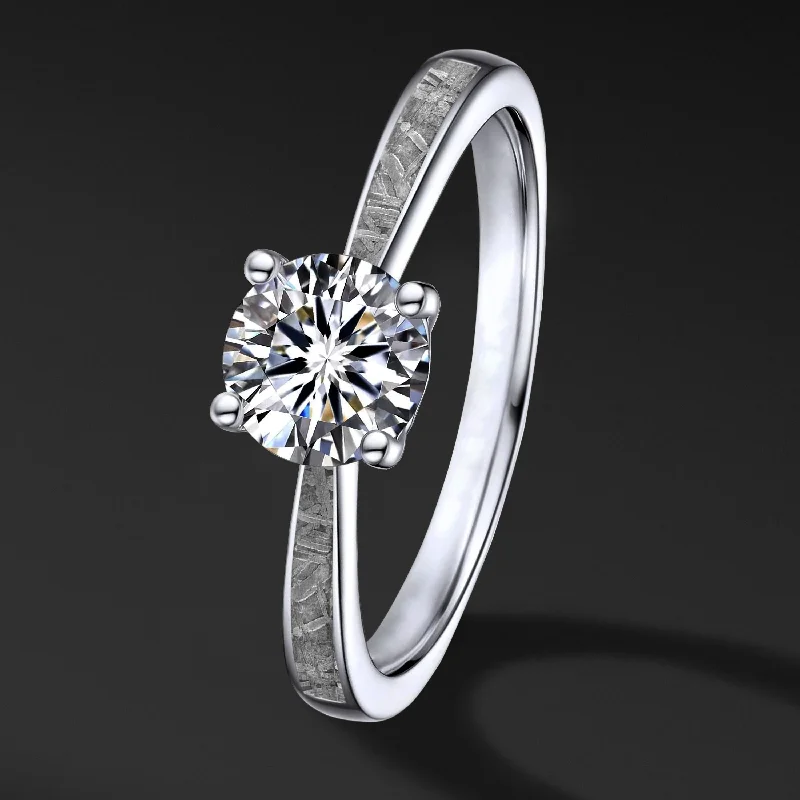 Solitaire Meteorite Engagement Ring 14K Gold & Moissanite - Gift from the Skies for your Beloved. Made to order.