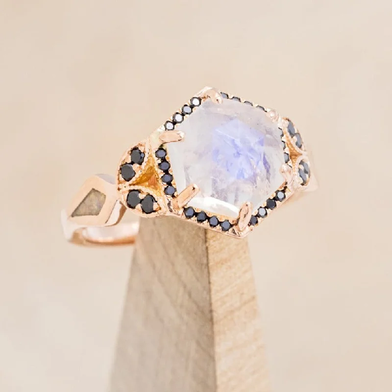 "LUCY IN THE SKY" - FACETED HEXAGON CUT MOONSTONE ENGAGEMENT RING WITH BLACK DIAMOND ACCENTS & FIRE AND ICE OPAL INLAYS