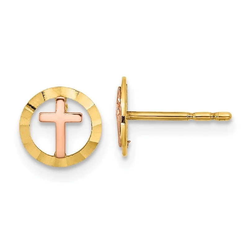 Diamond2Deal 14k Two-tone Gold Circle with Cross Post Stud Earrings (L-7mm, W-7mm)