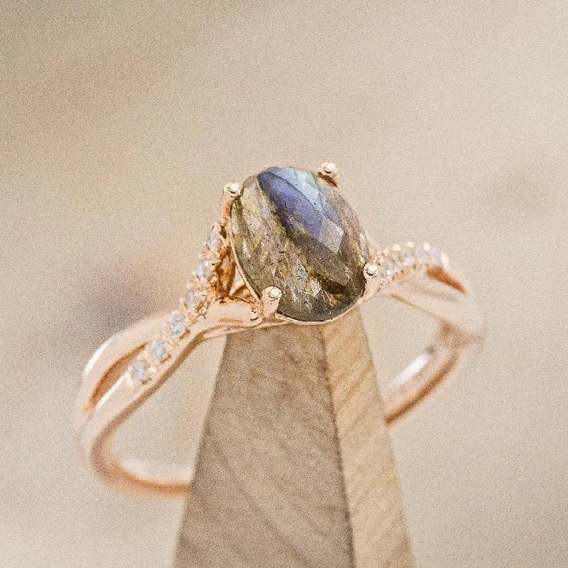 "ROSLYN" - OVAL CUT LABRADORITE ENGAGEMENT RING WITH DIAMOND ACCENTS