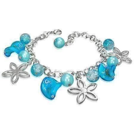 Daisy Chain Lamp Work Glass Bead Charm Bracelet for Women ~ Three Colors to Choose