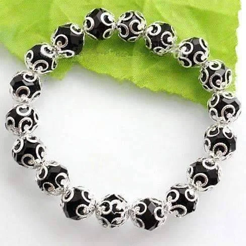 Silver Lace with Black Crystal Stretchy Bracelet