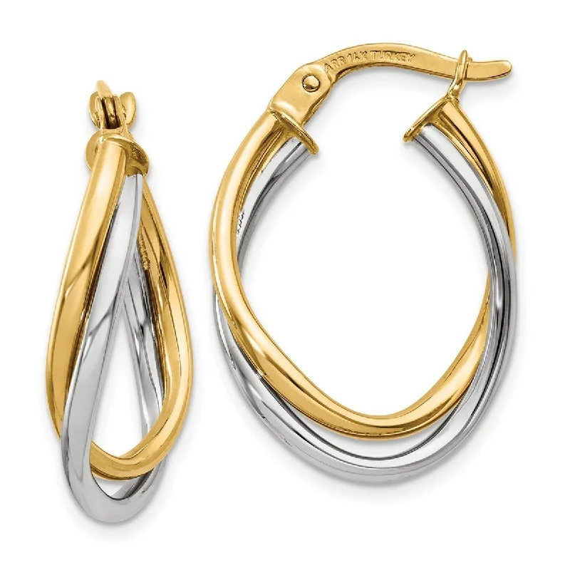 Curata 14k Two-Tone Gold Polished Intertwined Oval Hoop Earrings (4mm x 20mm)