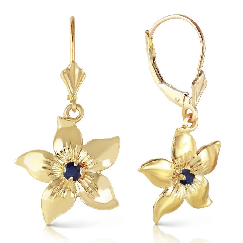 14K Solid Gold Leverback Flowers Gemstone Earrings w/ Sapphires