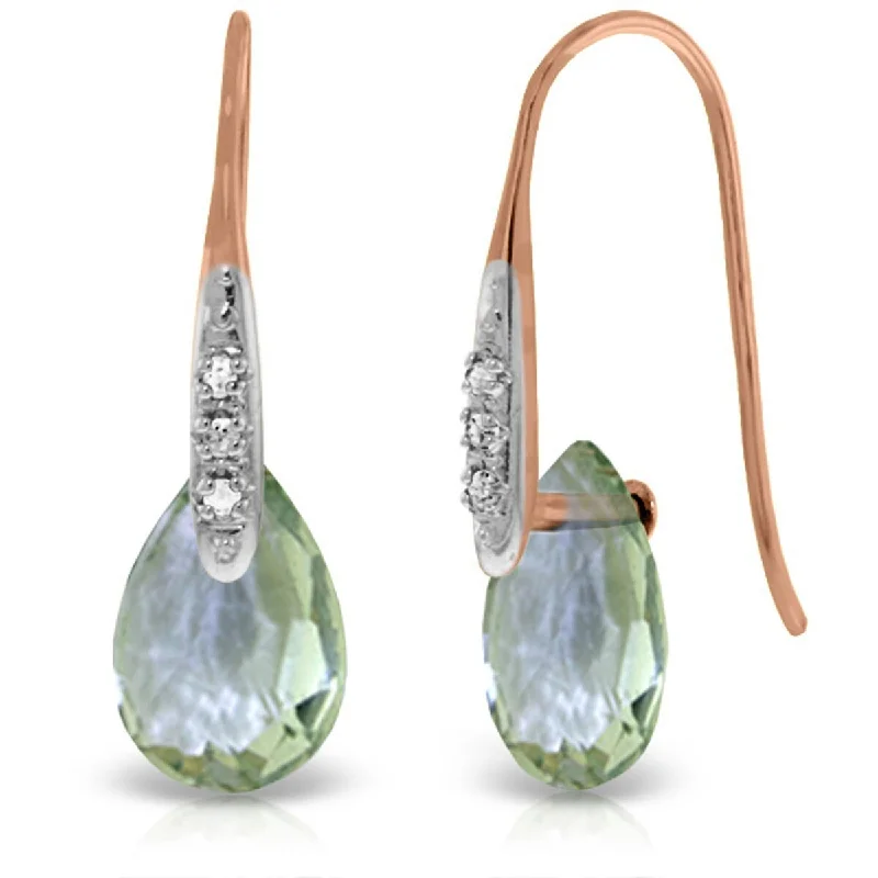 14K Solid Gold Fish Hook Earrings w/ Diamonds & Green Amethyst