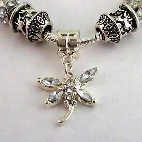 Crystal Dragonfly with Multifaceted Beads European Style 925 Silver Charm Bracelet