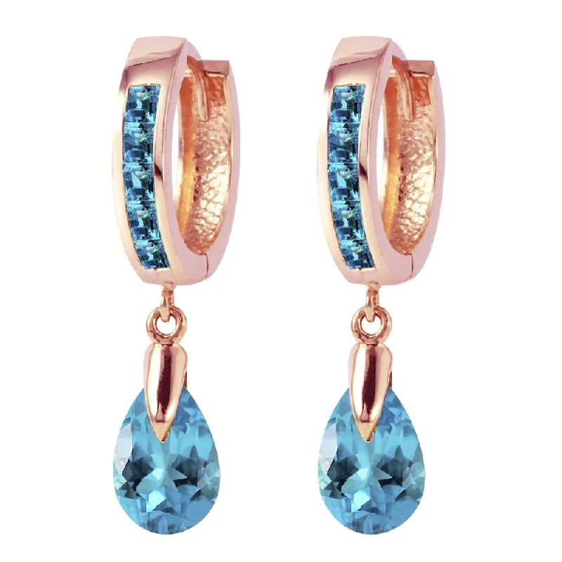 4.2 Carat 14K Solid Rose Gold Huggie Earrings Dangling Blue Topaz